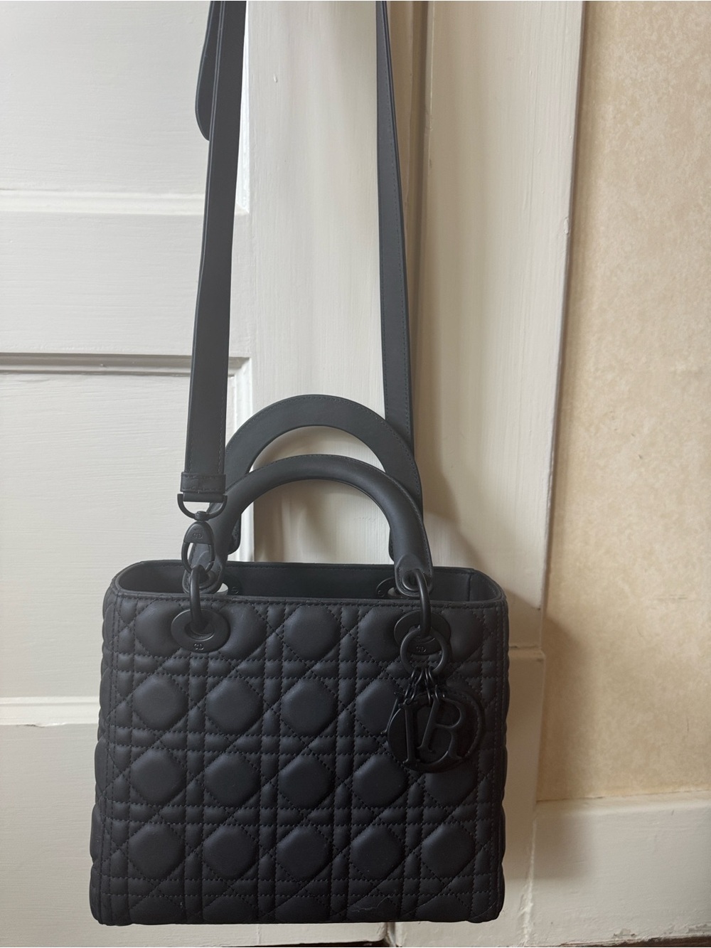 Dior-style Matte Black Quilted Top-Handle Satchel with Detachable Strap